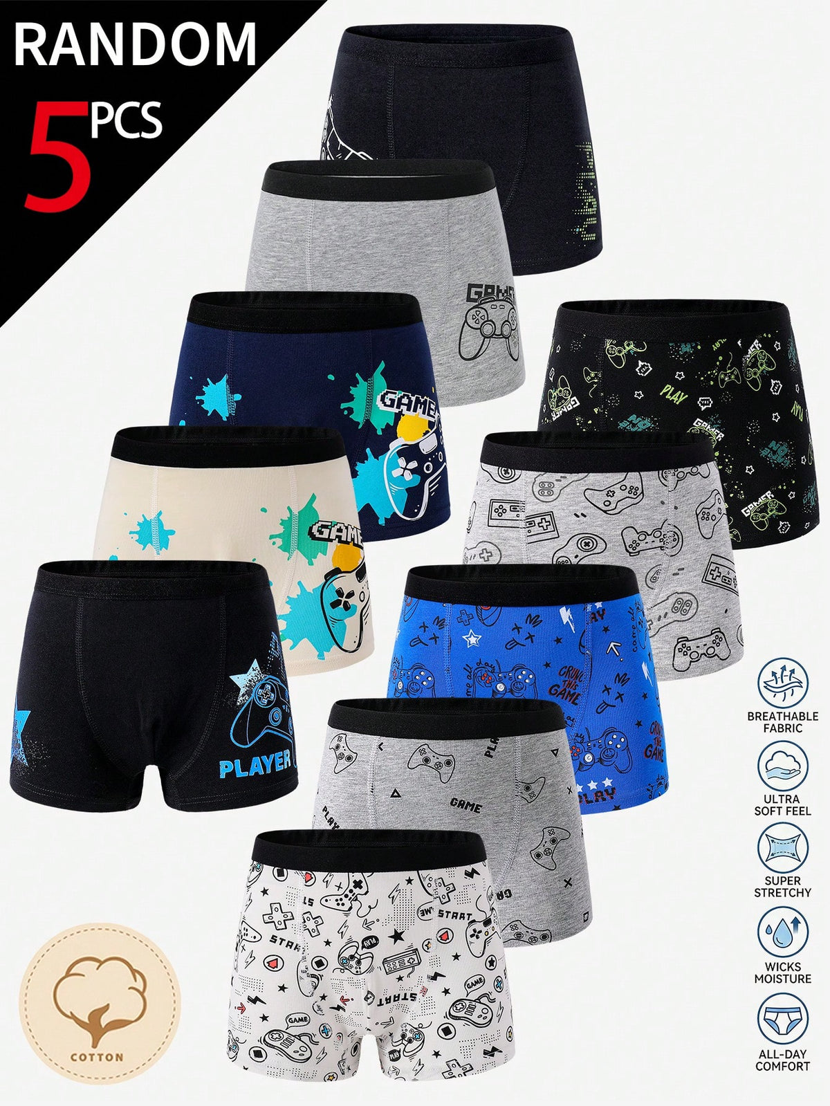 7pcs Boys' Soft Cotton Breathable Briefs, Navy Blue Black Orange Cream White Night Sleep Summer