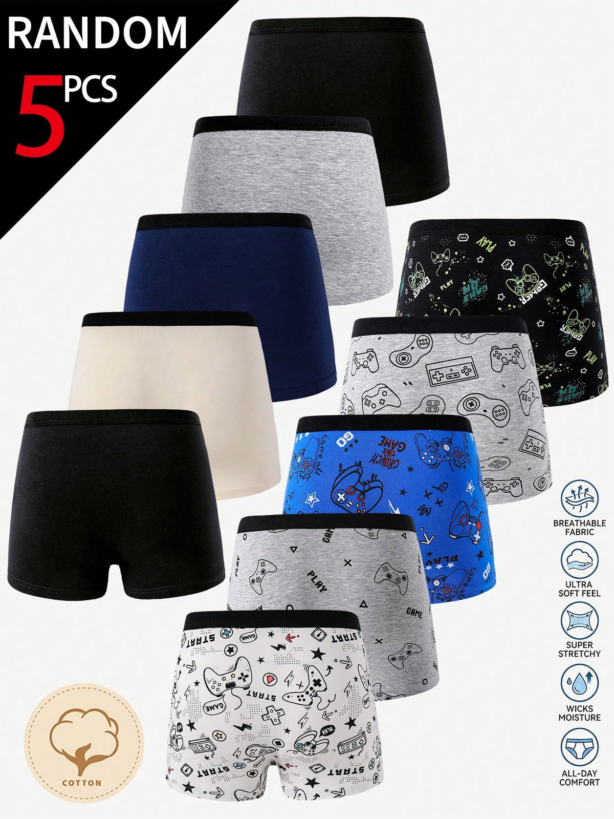 7pcs Boys' Soft Cotton Breathable Briefs, Navy Blue Black Orange Cream White Night Sleep Summer