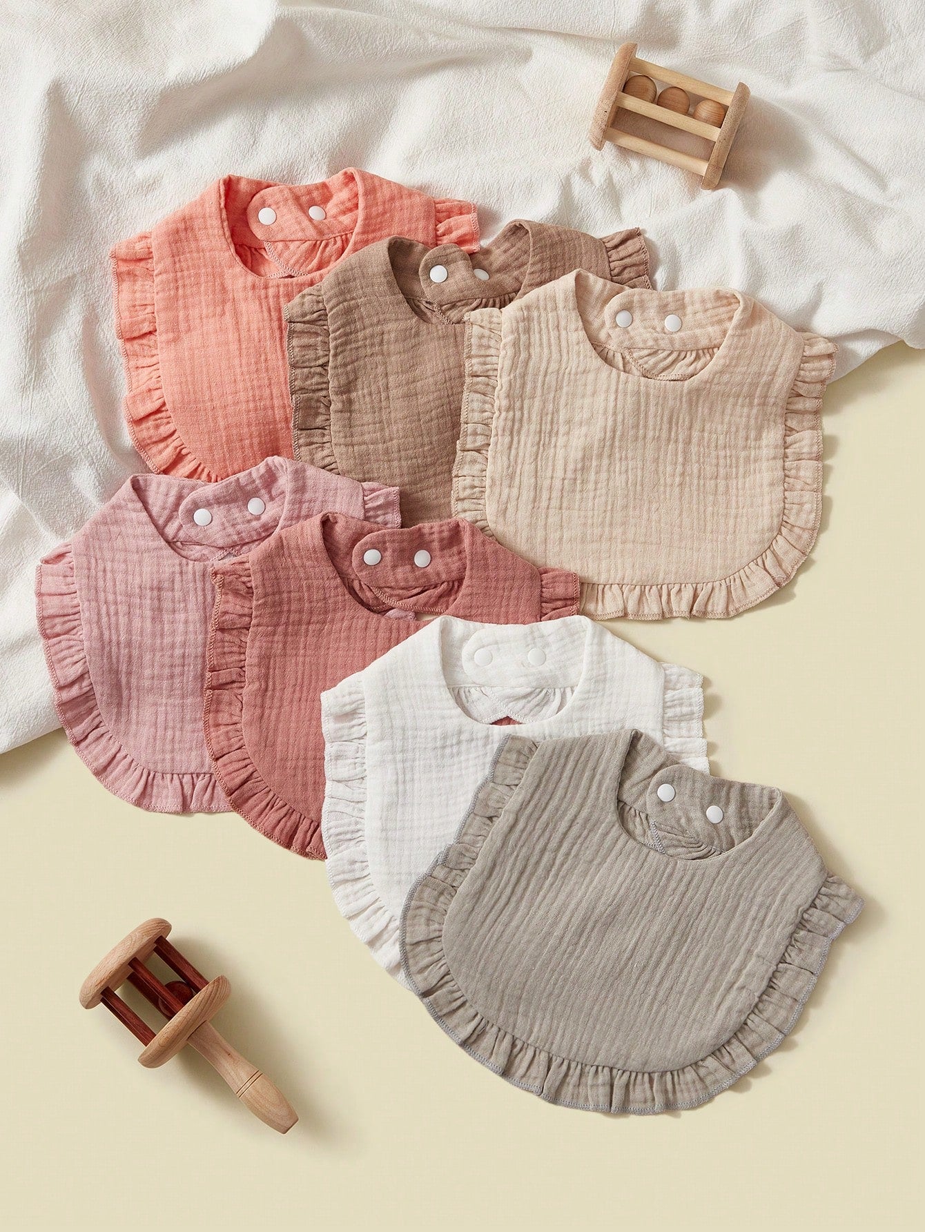 7pcs/Set Baby Bibs With Lace Trim, Pure Cotton Soft Fabric, Solid Colors In Pink Tones