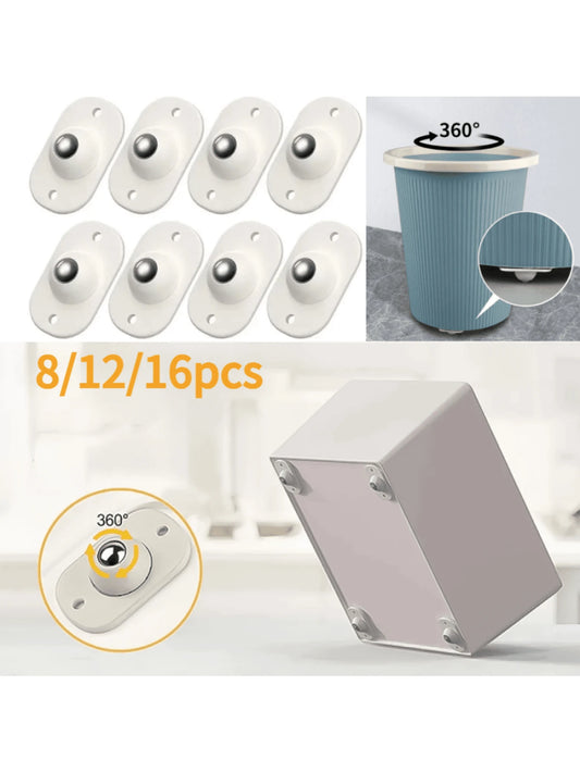 8/12/16pcs Self-Adhesive Mini Caster Wheels 360° Swivel Stainless Steel Ball Bearings No-Drill Sticky Rollers For Storage Boxes Trash Cans Furniture Home Appliances Moving Quiet Wear-Resistant Heavy D