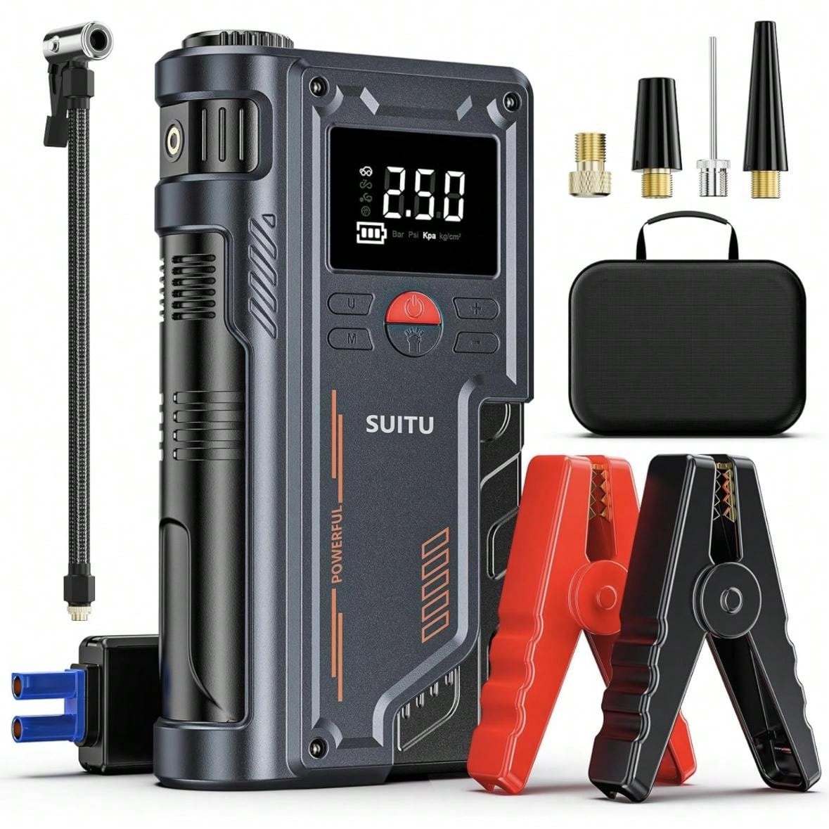 8000A 150PSI Jump Starter With Air Compressor, 12V Portable Car Battery Charger For All Gas And 10.0L Engines, Car Starter Jump Box With Jumper Cable, 3 Modes Flashlight And Storage Case