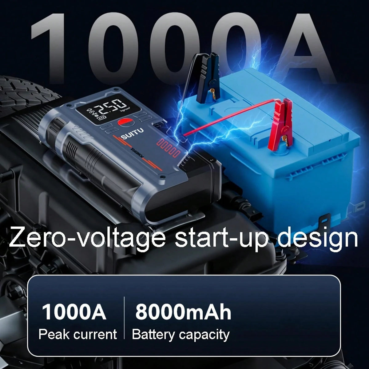 8000A 150PSI Jump Starter With Air Compressor, 12V Portable Car Battery Charger For All Gas And 10.0L Engines, Car Starter Jump Box With Jumper Cable, 3 Modes Flashlight And Storage Case