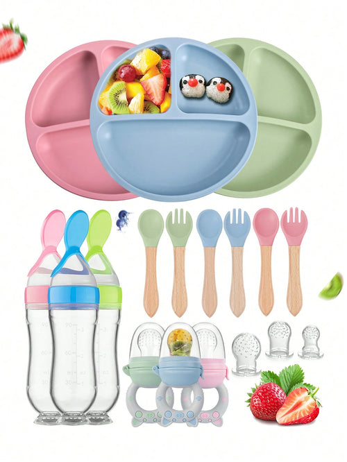 8pcs Baby Feeding Set, Silicone Absorbent Base Plate, Wooden Handle Fork & Spoon, Silicone Bottle, Fruit & Vegetable Feeder, Pacifier, Infant Silicone Pacifier Gift Set
