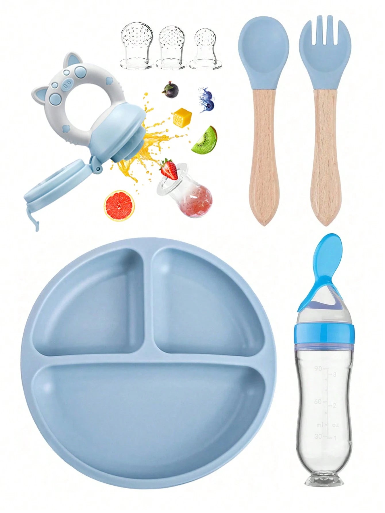 8pcs Baby Feeding Set, Silicone Absorbent Base Plate, Wooden Handle Fork & Spoon, Silicone Bottle, Fruit & Vegetable Feeder, Pacifier, Infant Silicone Pacifier Gift Set