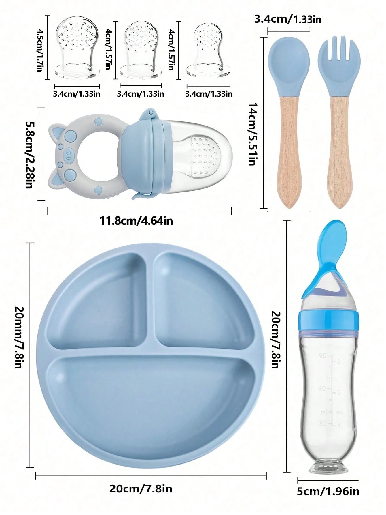 8pcs Baby Feeding Set, Silicone Absorbent Base Plate, Wooden Handle Fork & Spoon, Silicone Bottle, Fruit & Vegetable Feeder, Pacifier, Infant Silicone Pacifier Gift Set