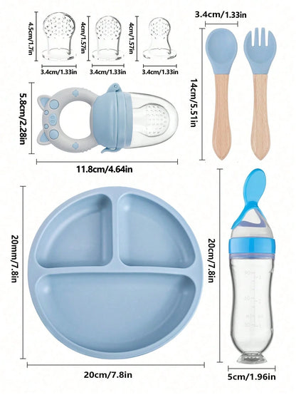 8pcs Baby Feeding Set, Silicone Absorbent Base Plate, Wooden Handle Fork & Spoon, Silicone Bottle, Fruit & Vegetable Feeder, Pacifier, Infant Silicone Pacifier Gift Set