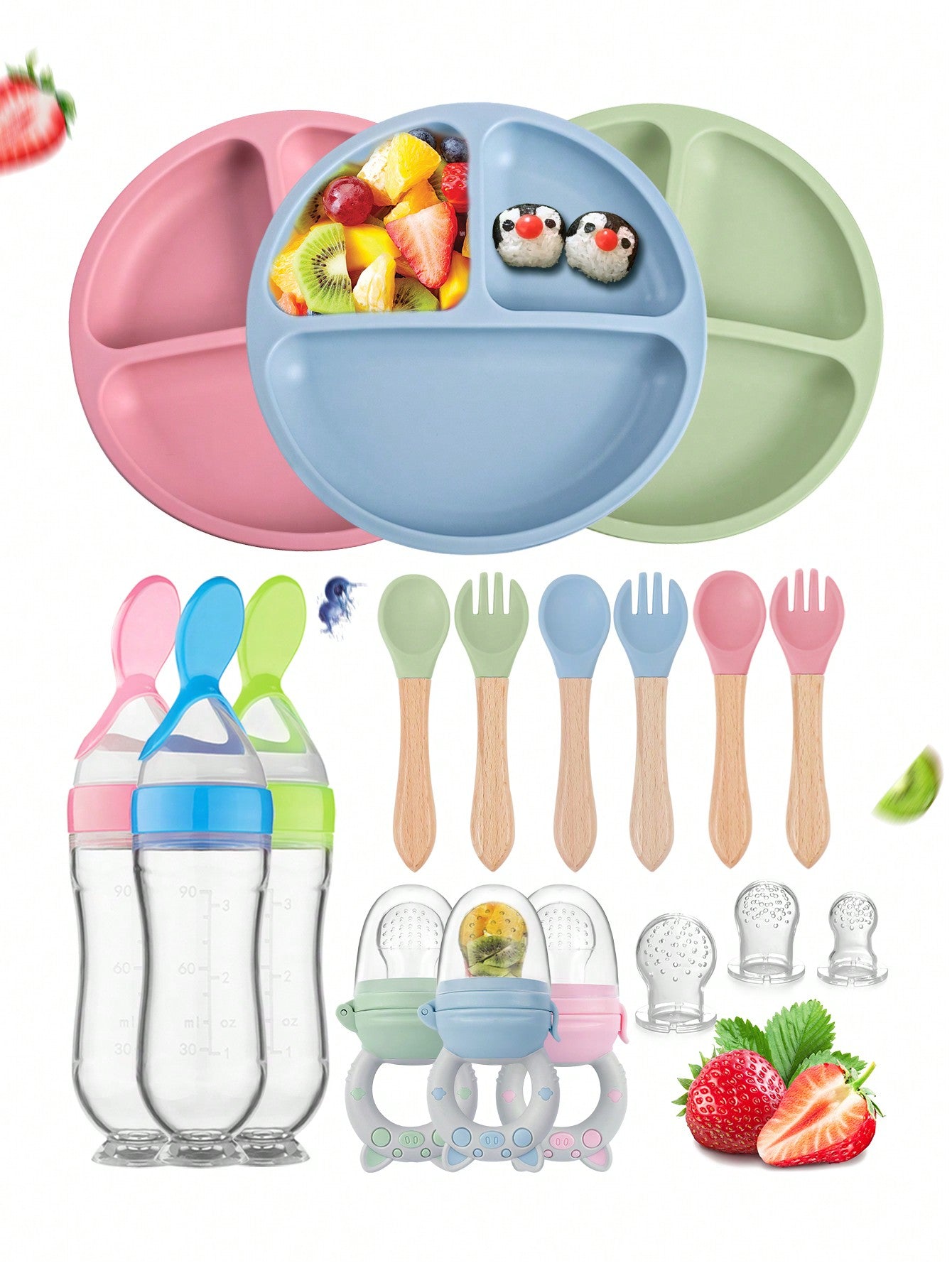 8pcs Baby Feeding Set, Silicone Absorbent Base Plate, Wooden Handle Fork & Spoon, Silicone Bottle, Fruit & Vegetable Feeder, Pacifier, Infant Silicone Pacifier Gift Set