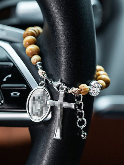 A New Cross Round Wooden Bead Hand Woven Car Accessory Steering Wheel Chain Car Pendant