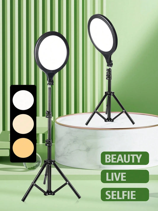 A Set Of Professional Full-Screen Circular Lights With A 10-Inch Large Screen And A 110cm Frosted Stand, Featuring 10-Level Dimming In Three Colors And 180° Vertical Tilt. It Is Suitable For Various S