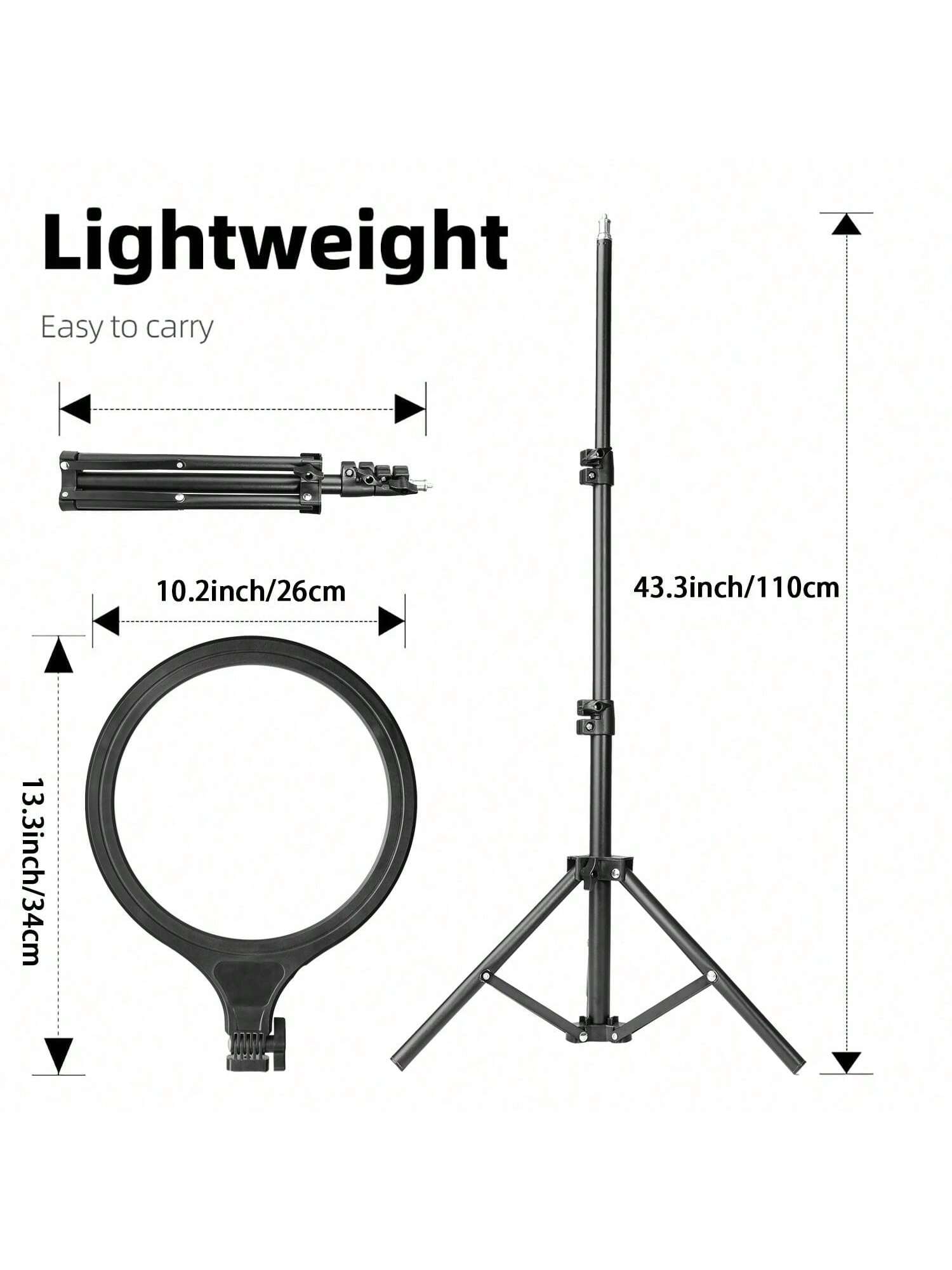 A Set Of Professional Full-Screen Circular Lights With A 10-Inch Large Screen And A 110cm Frosted Stand, Featuring 10-Level Dimming In Three Colors And 180° Vertical Tilt. It Is Suitable For Various S