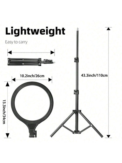 A Set Of Professional Full-Screen Circular Lights With A 10-Inch Large Screen And A 110cm Frosted Stand, Featuring 10-Level Dimming In Three Colors And 180° Vertical Tilt. It Is Suitable For Various S