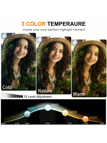 A Set Of Professional Full-Screen Circular Lights With A 10-Inch Large Screen And A 110cm Frosted Stand, Featuring 10-Level Dimming In Three Colors And 180° Vertical Tilt. It Is Suitable For Various S