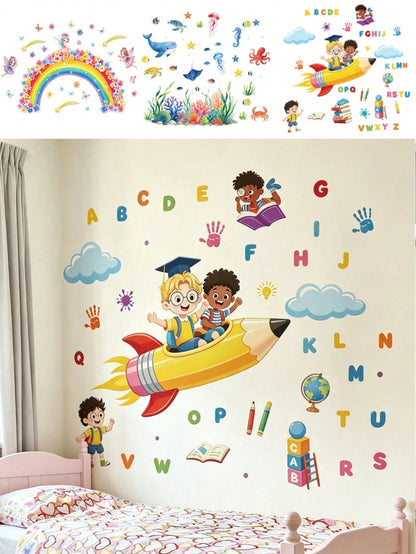 ABC Alphabet Pencil Rocket Wall Decal, Kids Learning Cartoon Sticker, Home Wall Art Decor, Nursery Boys Girls Room, Removable Self-Adhesive Room Art
