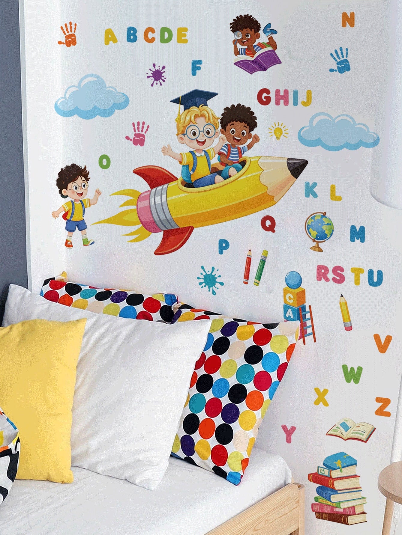 ABC Alphabet Pencil Rocket Wall Decal, Kids Learning Cartoon Sticker, Home Wall Art Decor, Nursery Boys Girls Room, Removable Self-Adhesive Room Art
