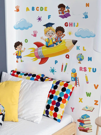 ABC Alphabet Pencil Rocket Wall Decal, Kids Learning Cartoon Sticker, Home Wall Art Decor, Nursery Boys Girls Room, Removable Self-Adhesive Room Art