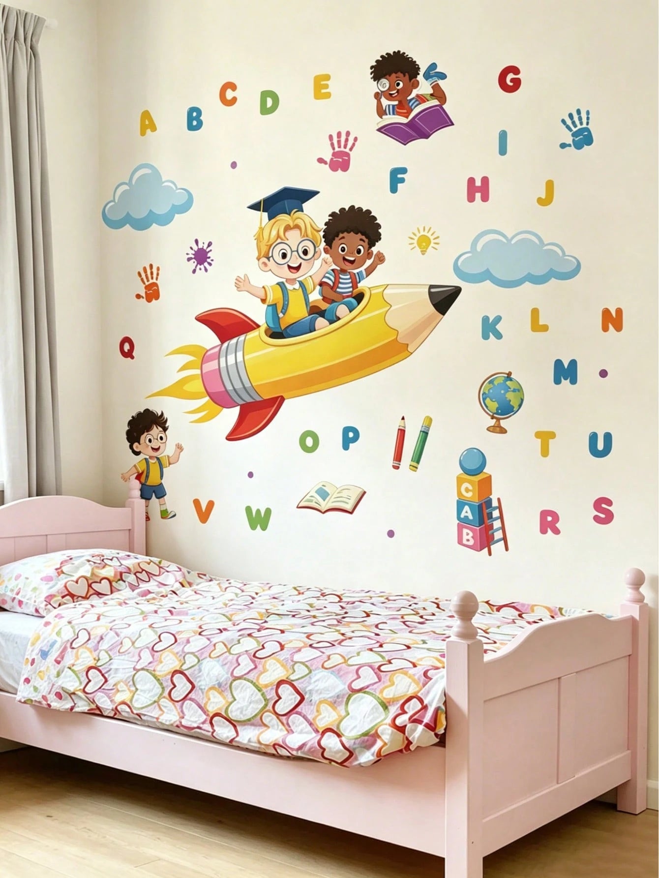 ABC Alphabet Pencil Rocket Wall Decal, Kids Learning Cartoon Sticker, Home Wall Art Decor, Nursery Boys Girls Room, Removable Self-Adhesive Room Art