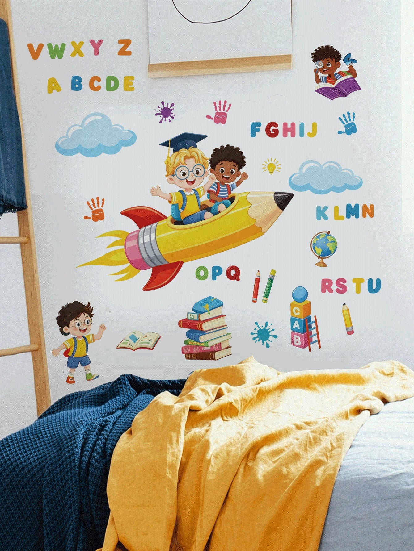 ABC Alphabet Pencil Rocket Wall Decal, Kids Learning Cartoon Sticker, Home Wall Art Decor, Nursery Boys Girls Room, Removable Self-Adhesive Room Art