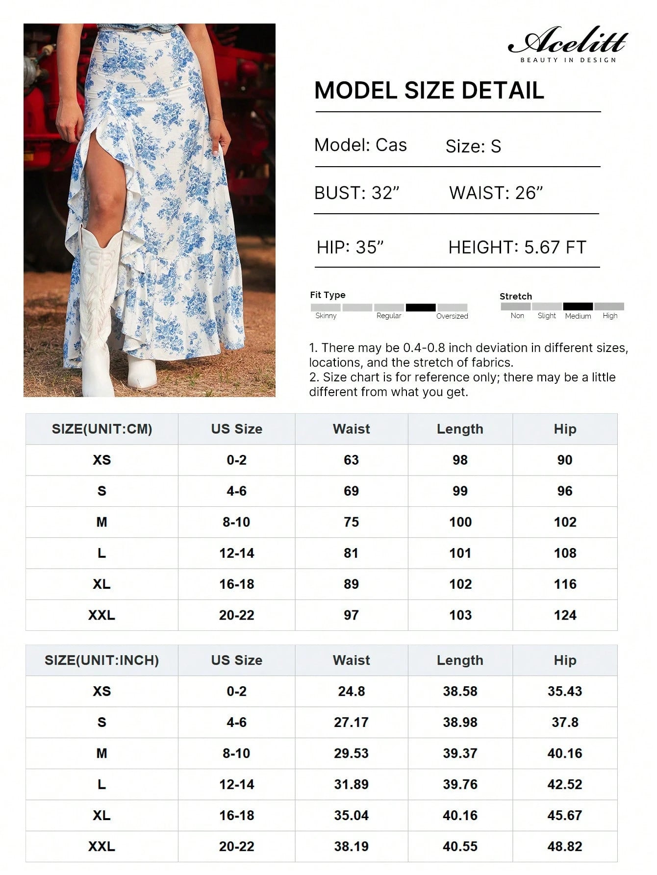 Acelitt Sky Blue Bohemian Ditsy Floral High Waist Ruffle Hem Slit Maxi Dress Summer