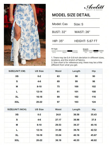 Acelitt Sky Blue Bohemian Ditsy Floral High Waist Ruffle Hem Slit Maxi Dress Summer