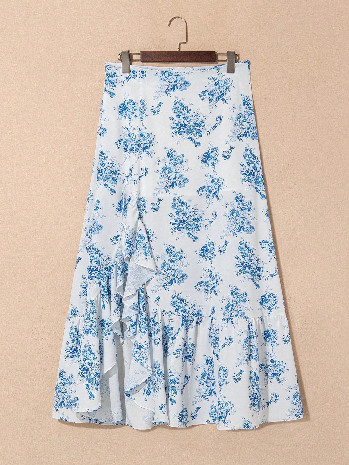 Acelitt Sky Blue Bohemian Ditsy Floral High Waist Ruffle Hem Slit Maxi Dress Summer