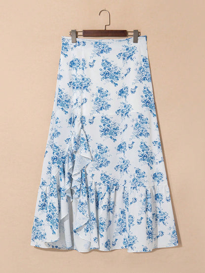 Acelitt Sky Blue Bohemian Ditsy Floral High Waist Ruffle Hem Slit Maxi Dress Summer