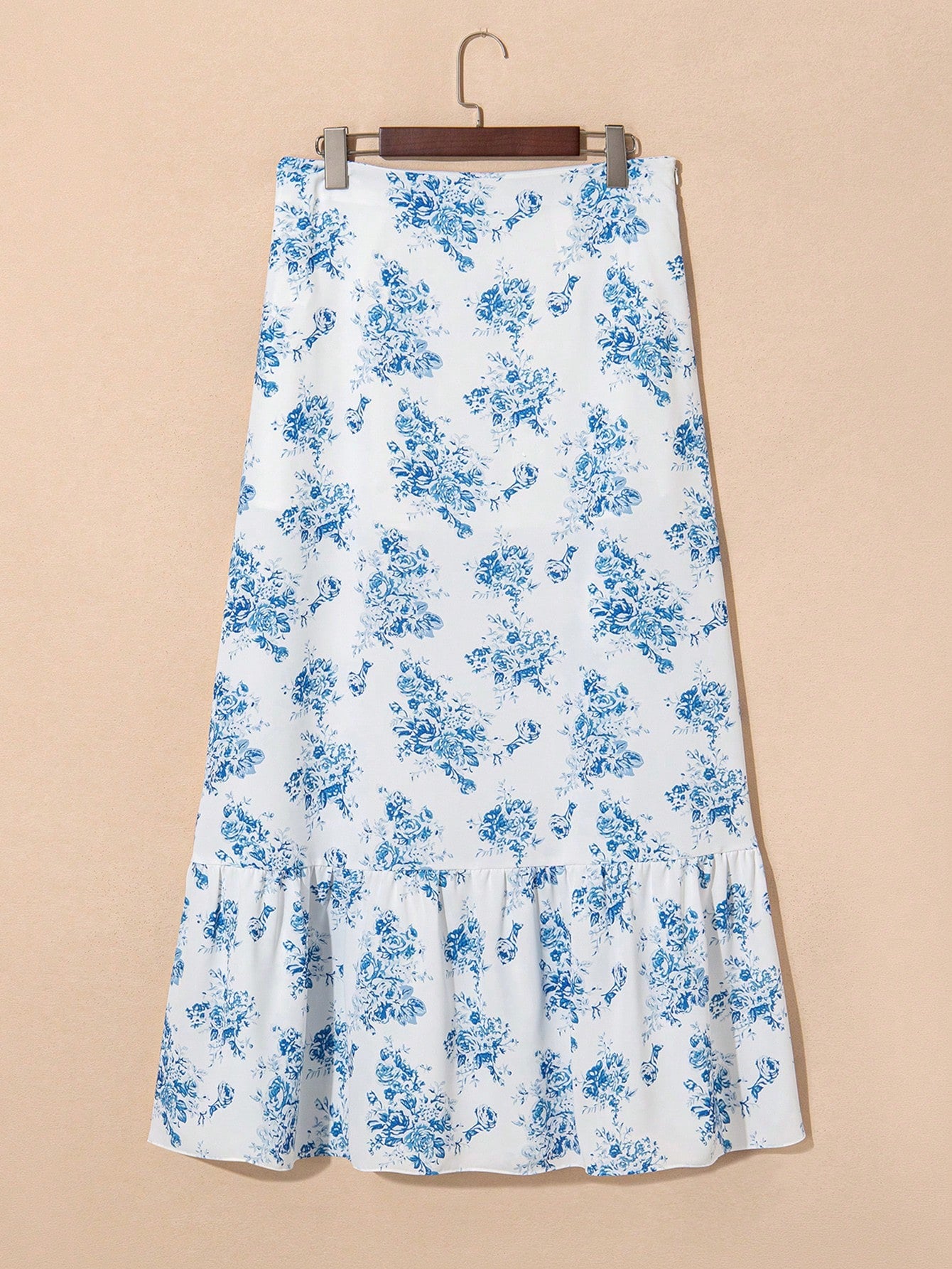 Acelitt Sky Blue Bohemian Ditsy Floral High Waist Ruffle Hem Slit Maxi Dress Summer