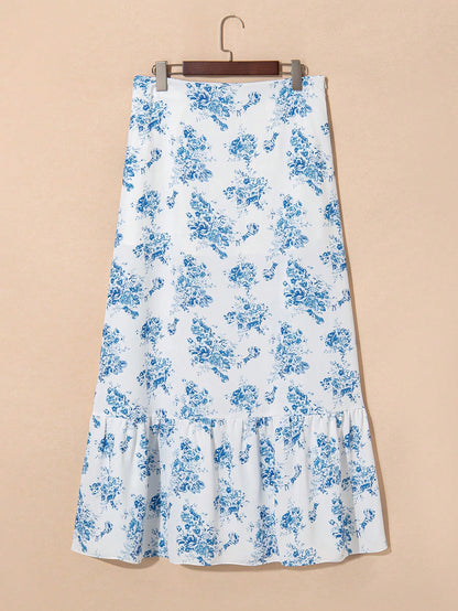 Acelitt Sky Blue Bohemian Ditsy Floral High Waist Ruffle Hem Slit Maxi Dress Summer