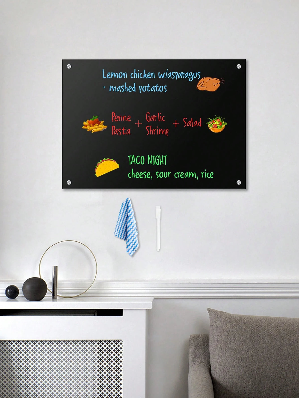 Acrylic Wall-Mounted Erasable Blackboard, Home Kitchen Recipe & Schedule Message Board With Complete Installation Accessories And Writing/Cleaning Tools