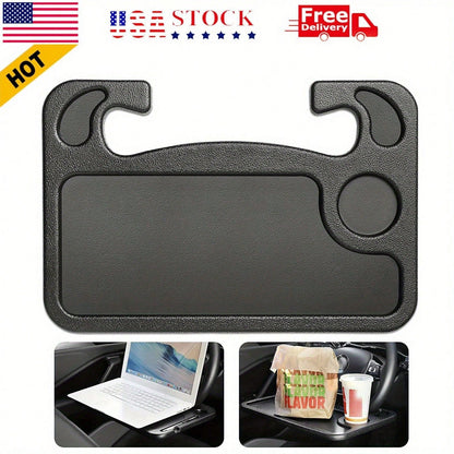 Adjustable Car Tray Table- Multi-Purpose Steering Wheel Mounted Desk For Eating, Working, Recording, Essential Travel Accessory With Drink Holder