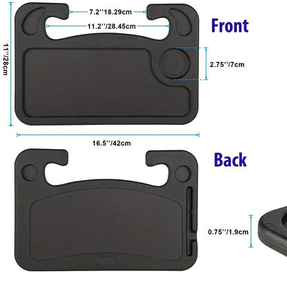 Adjustable Car Tray Table- Multi-Purpose Steering Wheel Mounted Desk For Eating, Working, Recording, Essential Travel Accessory With Drink Holder