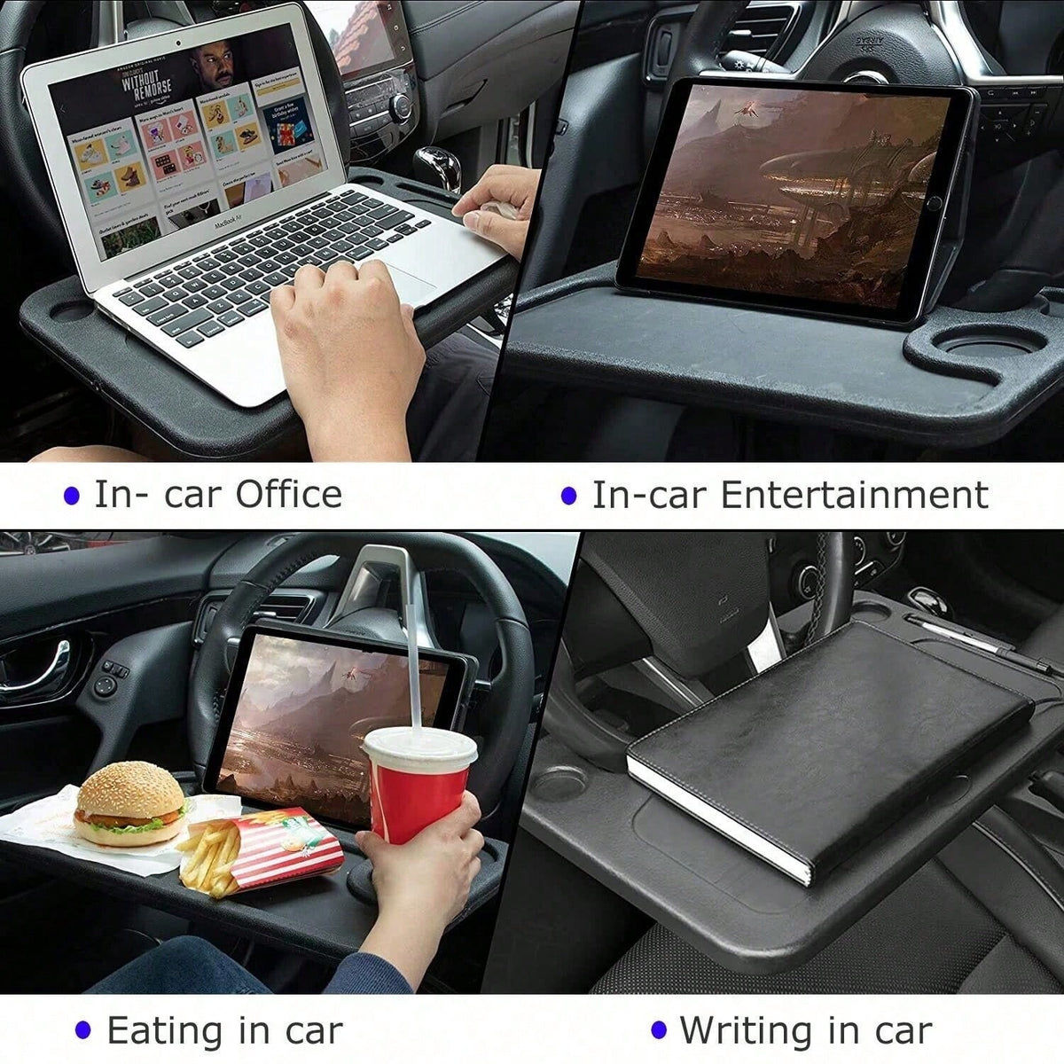 Adjustable Car Tray Table- Multi-Purpose Steering Wheel Mounted Desk For Eating, Working, Recording, Essential Travel Accessory With Drink Holder