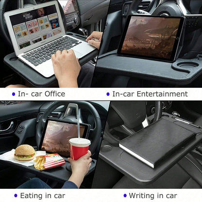 Adjustable Car Tray Table- Multi-Purpose Steering Wheel Mounted Desk For Eating, Working, Recording, Essential Travel Accessory With Drink Holder