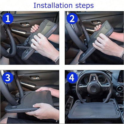 Adjustable Car Tray Table- Multi-Purpose Steering Wheel Mounted Desk For Eating, Working, Recording, Essential Travel Accessory With Drink Holder