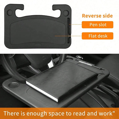 Adjustable Car Tray Table- Multi-Purpose Steering Wheel Mounted Desk For Eating, Working, Recording, Essential Travel Accessory With Drink Holder