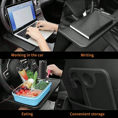Adjustable Car Tray Table- Multi-Purpose Steering Wheel Mounted Desk For Eating, Working, Recording, Essential Travel Accessory With Drink Holder