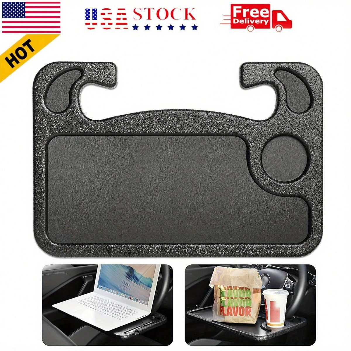 Adjustable Car Tray Table- Multi-Purpose Steering Wheel Mounted Desk For Eating, Working, Recording, Essential Travel Accessory With Drink Holder