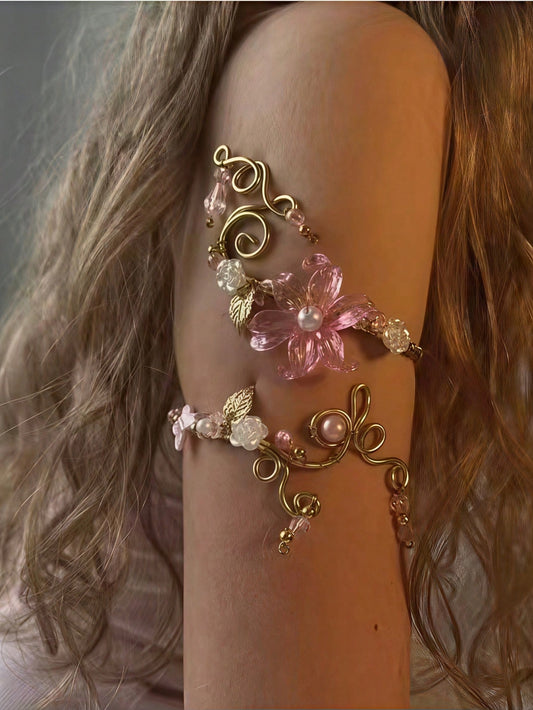 Adjustable Gold Coiled Arm Cuff, Pink Flower Pearl Beaded Armband, Bohemian Style Arm Jewelry, Suitable For Party, Vacation, Wedding And Daily Wear