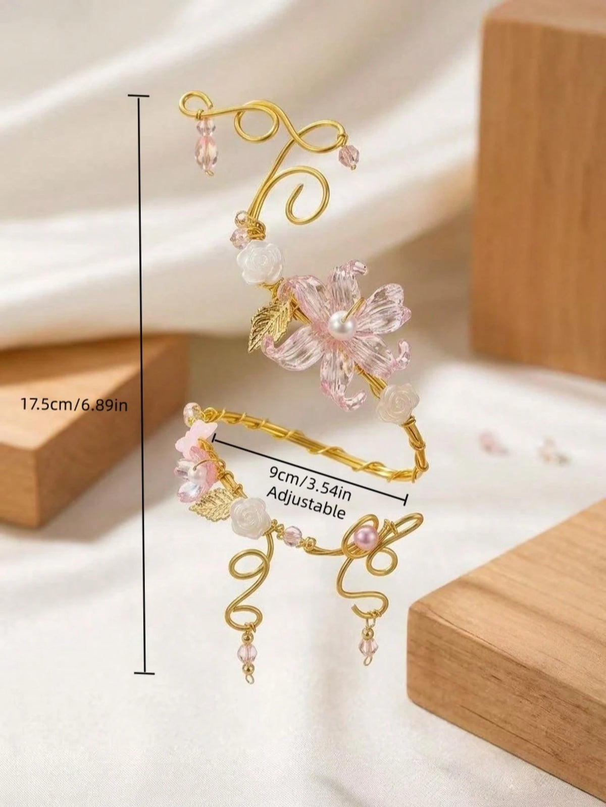 Adjustable Gold Coiled Arm Cuff, Pink Flower Pearl Beaded Armband, Bohemian Style Arm Jewelry, Suitable For Party, Vacation, Wedding And Daily Wear