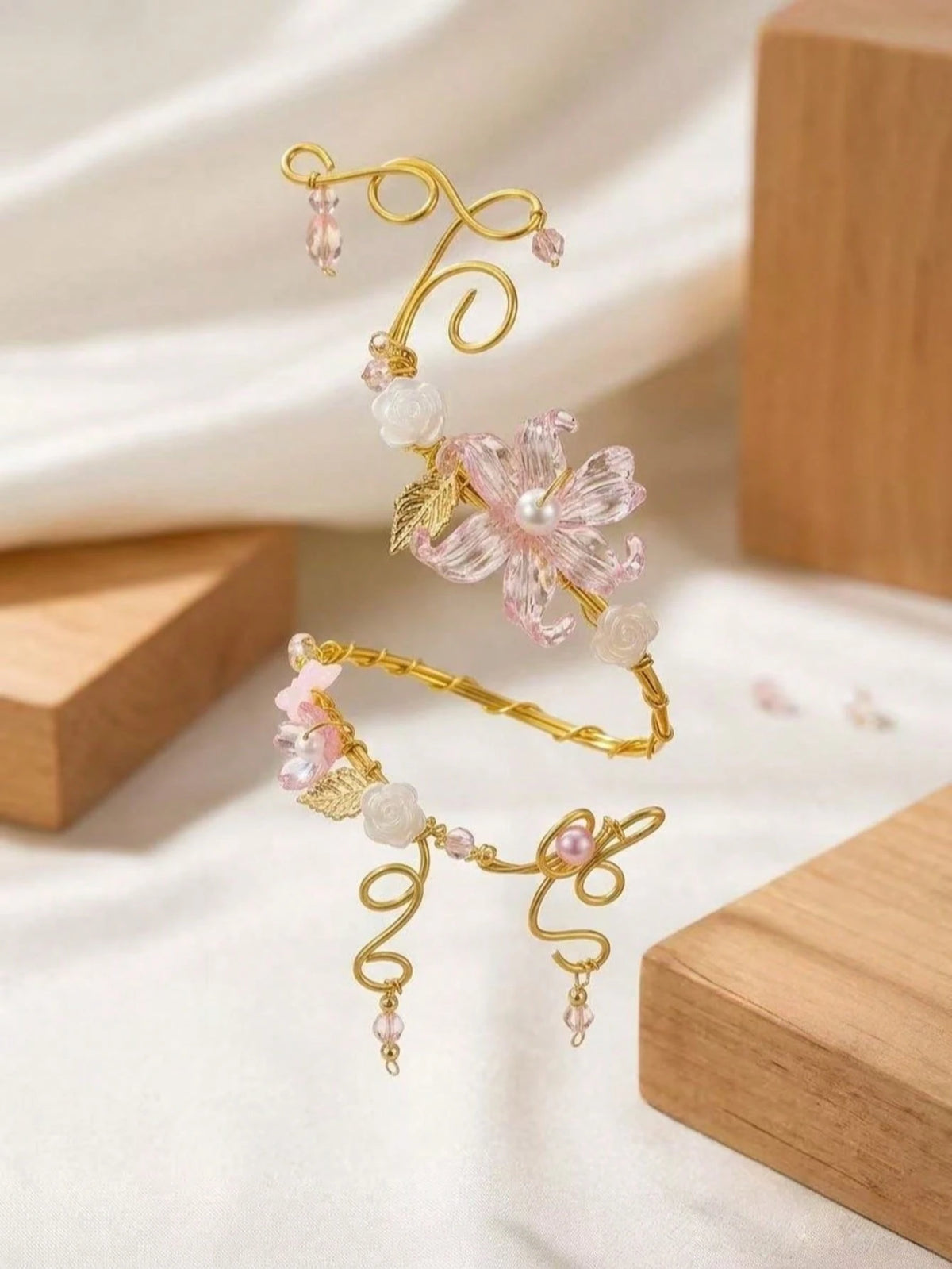 Adjustable Gold Coiled Arm Cuff, Pink Flower Pearl Beaded Armband, Bohemian Style Arm Jewelry, Suitable For Party, Vacation, Wedding And Daily Wear