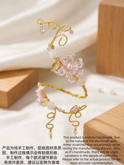 Adjustable Gold Coiled Arm Cuff, Pink Flower Pearl Beaded Armband, Bohemian Style Arm Jewelry, Suitable For Party, Vacation, Wedding And Daily Wear