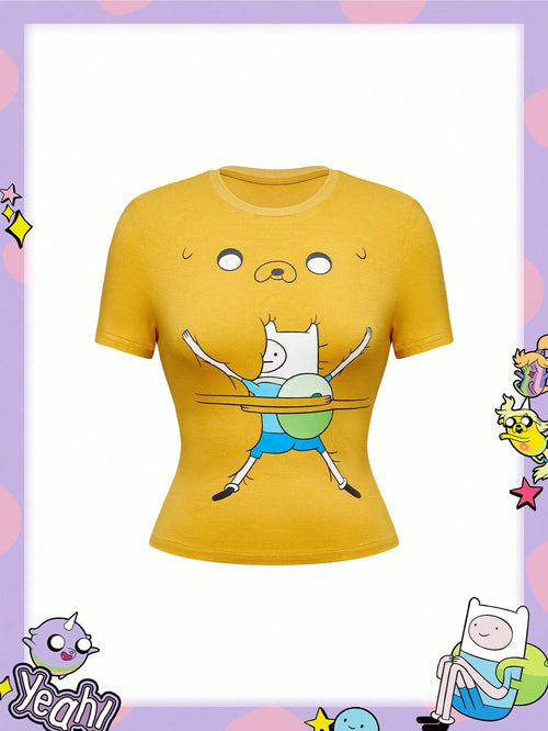 Adventure Time X ROMWE Spring/SummergraphicPlus Size Casual Cartoon Pattern Round Neck Slim Fit Short Sleeve T-Shirt, Summer
