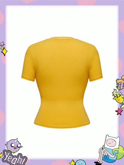 Adventure Time X ROMWE Spring/SummergraphicPlus Size Casual Cartoon Pattern Round Neck Slim Fit Short Sleeve T-Shirt, Summer