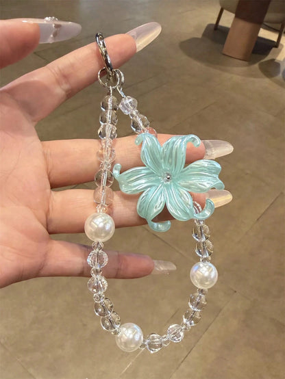 Aesthetic Luxury Lily Flower Pearl Phone Lanyard, Minimalist Transparent Bead Lanyard Bracelet, Universal Women's Accessory Gift
