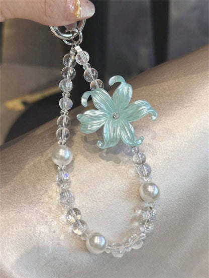 Aesthetic Luxury Lily Flower Pearl Phone Lanyard, Minimalist Transparent Bead Lanyard Bracelet, Universal Women's Accessory Gift