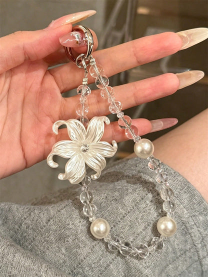 Aesthetic Luxury Lily Flower Pearl Phone Lanyard, Minimalist Transparent Bead Lanyard Bracelet, Universal Women's Accessory Gift