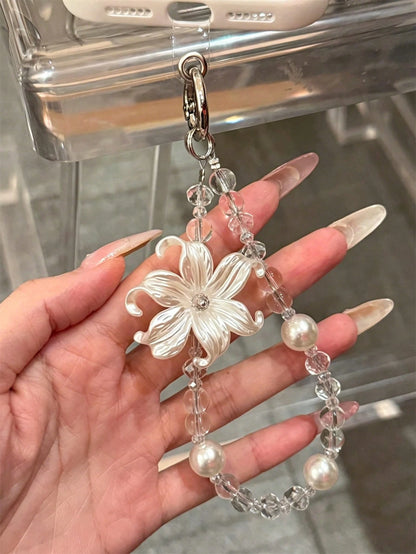Aesthetic Luxury Lily Flower Pearl Phone Lanyard, Minimalist Transparent Bead Lanyard Bracelet, Universal Women's Accessory Gift