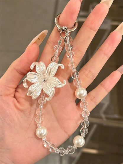 Aesthetic Luxury Lily Flower Pearl Phone Lanyard, Minimalist Transparent Bead Lanyard Bracelet, Universal Women's Accessory Gift