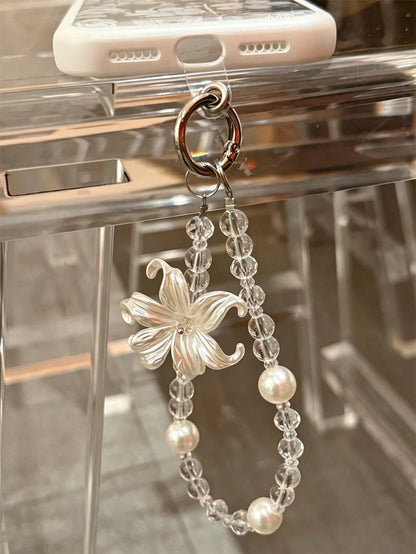 Aesthetic Luxury Lily Flower Pearl Phone Lanyard, Minimalist Transparent Bead Lanyard Bracelet, Universal Women's Accessory Gift