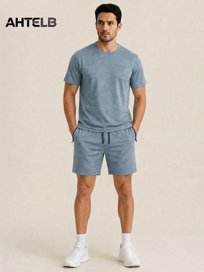 AHTELB Men's Summer Printed 2-Piece Sportswear Set, Crew Neck Printed T-Shirt With Drawstring Shorts, Thin Ice Silk Breathable Quick-Dry Elastic Casual Outfit, Suitable For Daily Outdoor Sports, Leisu