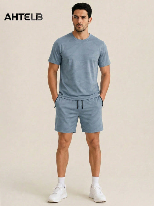 AHTELB Men's Summer Printed 2-Piece Sportswear Set, Crew Neck Printed T-Shirt With Drawstring Shorts, Thin Ice Silk Breathable Quick-Dry Elastic Casual Outfit, Suitable For Daily Outdoor Sports, Leisu
